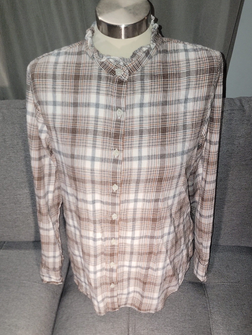Lands' End Brown and White Plaid Button-Down Shirt
